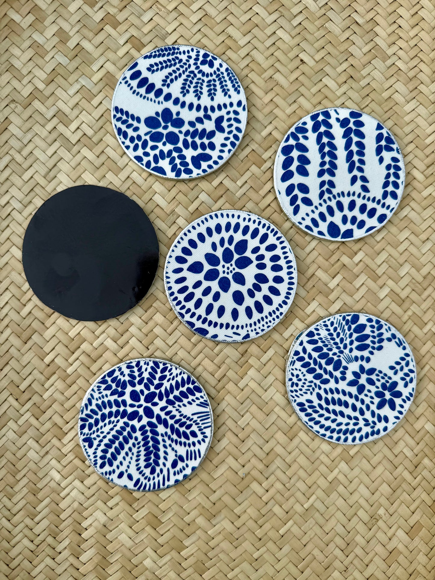 Modern Coastal + Boho Botanical Circle Magnet Set (3”) – Silver-Edged, Navy & White Design
